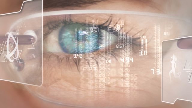 This illustration displays digital data visuals projected onto a woman's eye through smart glasses, suggesting a futuristic approach to technology and augmented reality. Ideal for tech-centric presentations, digital innovation articles, or discussing advancements in wearable technology and human-computer interaction. Useful for conveying the fusion of technology and human elements in communication and data processing.