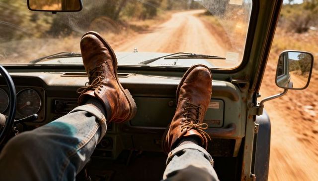 Resting leather boots on dashboard over dusty outback road rugged offroad adventure