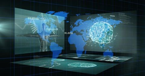 Projecting futuristic holographic world map and neural network display in virtual lab