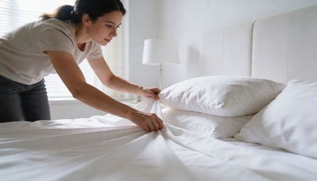 Woman straightening crisp white bedding in minimalist sunlit bedroom for tidy home routine