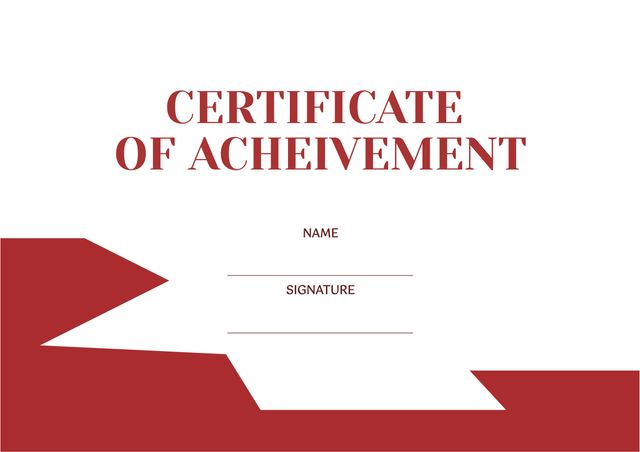 This certificate of achievement template features striking red accents on a clean white background, with ample space for including the recipient's name and signature. Ideal for educational institutions, corporate recognitions, or any kind of achievement award. Easy to customize and print for various occasions.