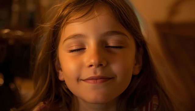 Smiling girl resting with eyes closed wearing striped top bathed in warm amber lamp light