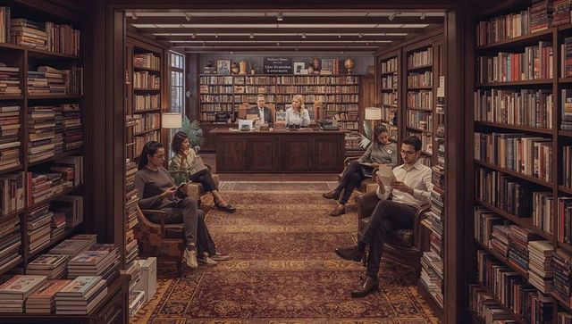 Cozy wood-paneled library with staff assisting patrons, readers relaxing and browsing