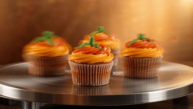 Pumpkin Cupcakes with Vibrant Orange Frosting on Rotating Display Stand