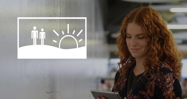 Smiling Red-Haired Woman Using Tablet in Office Environment - Download Free Stock Images Pikwizard.com