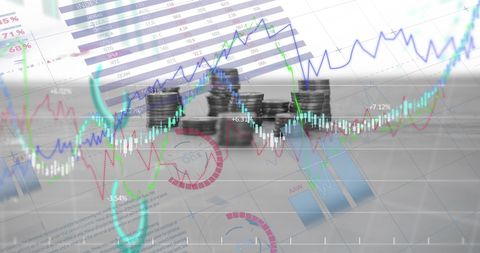 Financial Data Visualization Over Coin Stacks and Charts