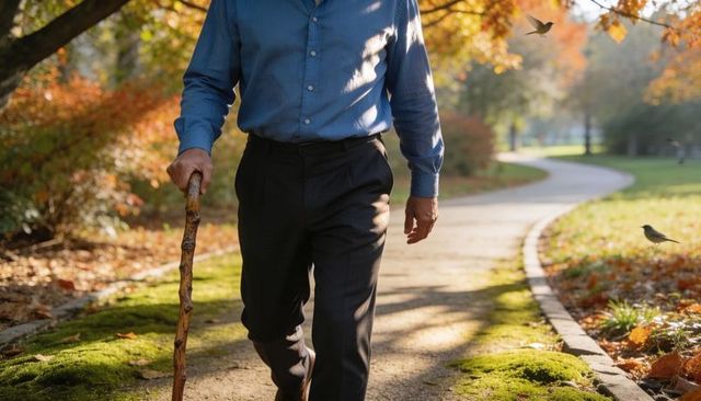 Senior man walking with wooden cane on sunlit curved path amid autumn foliage