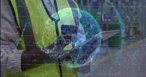 Warehouse worker scanning with tablet and smartphone showing AR inventory analytics