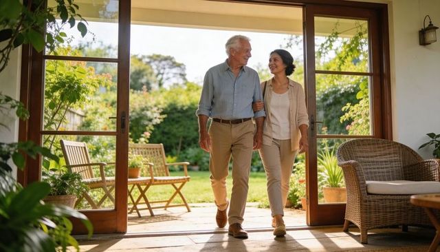 Senior couple walking arm-in-arm through sunlit garden patio doorway