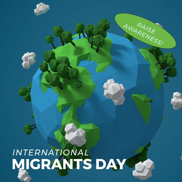 Composition of international migrants day text over globe with trees. International migrants day and migration concept digitally generated image.