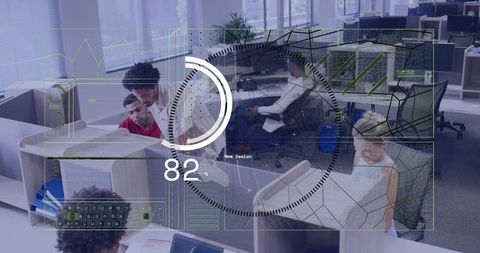 Woman pointing at monitor while mentoring coworker in modern open-plan office with hud