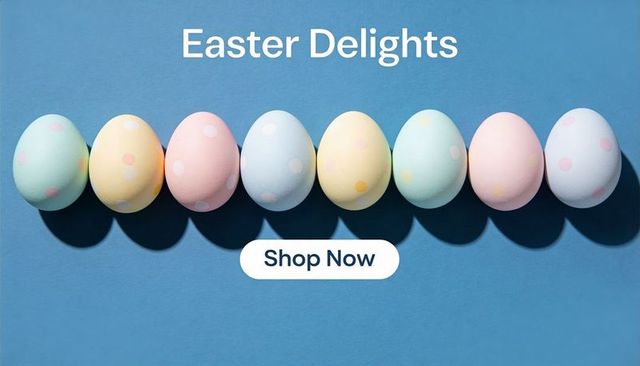 Pastel polka-dot easter eggs lined on blue backdrop with shop now call-to-action