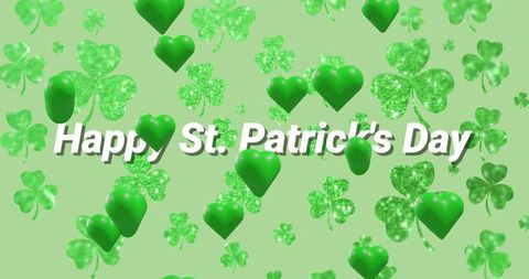 Happy st. Patrick's day greeting with sparkling shamrocks and glossy 3d green hearts