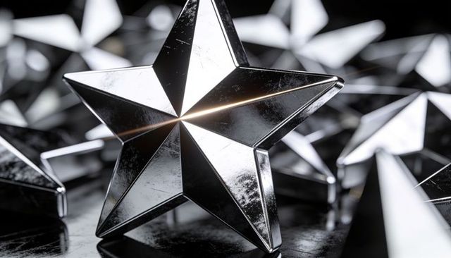 Polished metallic five-point star reflecting light, textured facets, cinematic macro