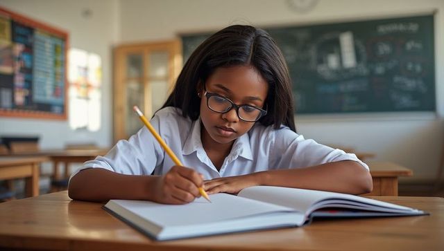 Focused schoolgirl writing in classroom with chalkboard in background