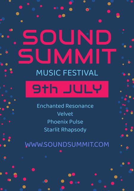 Promotional poster for Sound Summit Music Festival, highlighting date and featured bands. Dark blue background with colorful dots adds vibrant touch. Suitable for advertising music events, festivals, concerts, and promotional use on websites or social media.