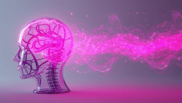 Translucent glass head with glowing neural ribbon streaming magenta energy