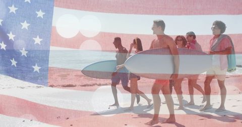 Diverse Friends Walking on Beach with American Flag Overlay - Download Free Stock Images Pikwizard.com