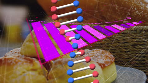 DNA Strand and Digital Analysis Overlay on Fresh Croissants