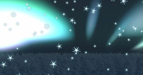 Winter Scenery with Aurora Borealis and Falling Snowflakes