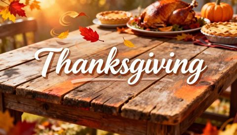 Thanksgiving Gathering on Rustic Wooden Table Featuring Roasted Turkey and Autumn Pies