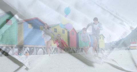 Family enjoying beach against face masks covid-19 concept