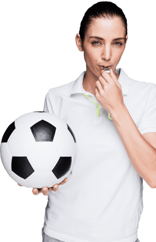 Transparent coach blowing whistle holding soccer ball