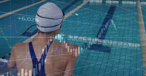 Competitive Swimmer Watching Pool with Financial Charts Overlay for Performance Analytics