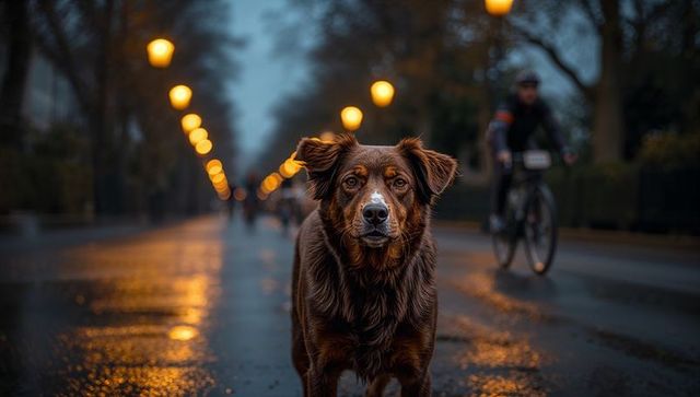 Alert Chocolate Brown Dog on Wet City Street at Dusk with Lamplight Reflection