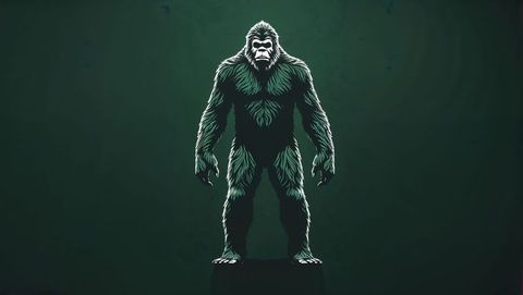 Mythical humanoid creature standing on pedestal with green backdrop