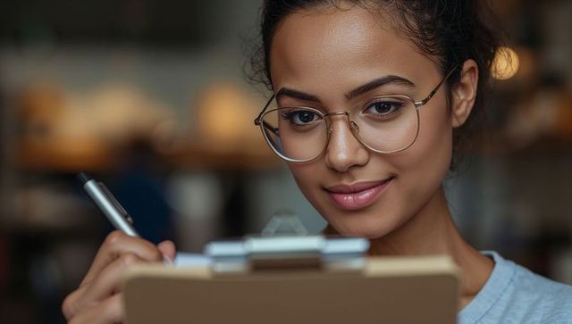 Young woman taking notes on clipboard in cozy study lounge wearing round glasses