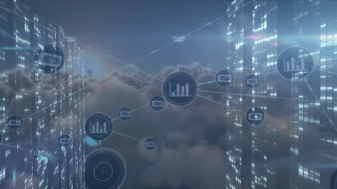 Futuristic Digital Network Over Cloudy Cityscape