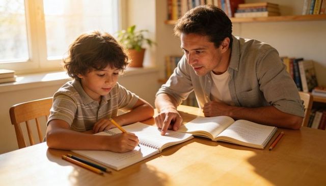 Father helping son with homework at sunlit table, tutoring and learning together