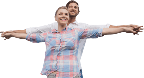 Happy couple transparent background, arms outstretched and smiling