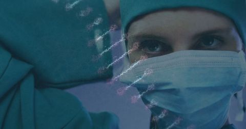 Female Surgeon Preparing with Overlaid DNA Strand Visualization