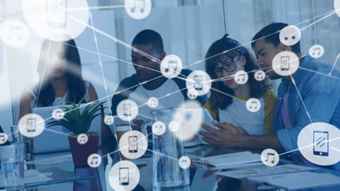 Image depicting diverse business team engaging with tablets, emphasizing concepts of digital networking and collaboration. Overlay of connecting icons signifies modern technological communication. Ideal for promoting digital transformation, teamwork, technology innovation, and globalization themes in business environments.