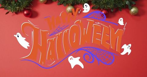 Festive halloween greeting with bouncing ghosts and seasonal decorations