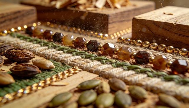 Macro rustic composition with faceted amber beads, gold chain and braided jute textures
