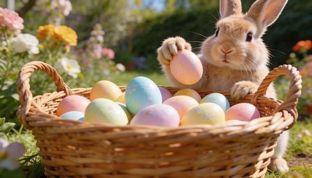 Curious light-brown bunny holding pastel easter egg in sunlit garden basket