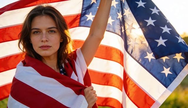 Young woman wrapping in american flag at golden hour expressing patriotic pride and confidence