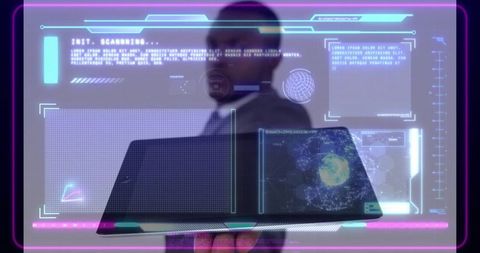 Businessman using futuristic holographic interface in modern office