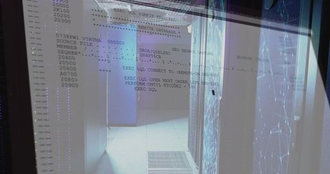 Server Room Corridor showing Reflected SQL Code Overlay on Blue-lit Rack Cabinets