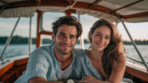 Young lovers enjoys romantic adventure on wooden boat at sunset