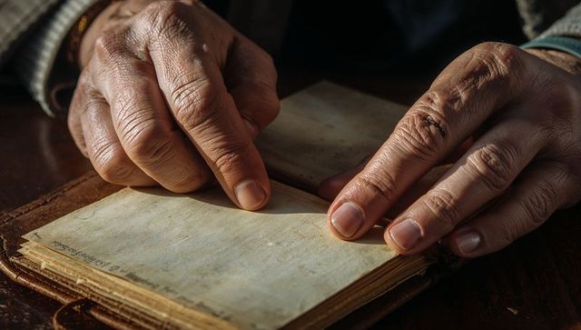 Turning Wrinkled Hands Flipping Yellowed Pages of Vintage Leather Journal Under Warm Light
