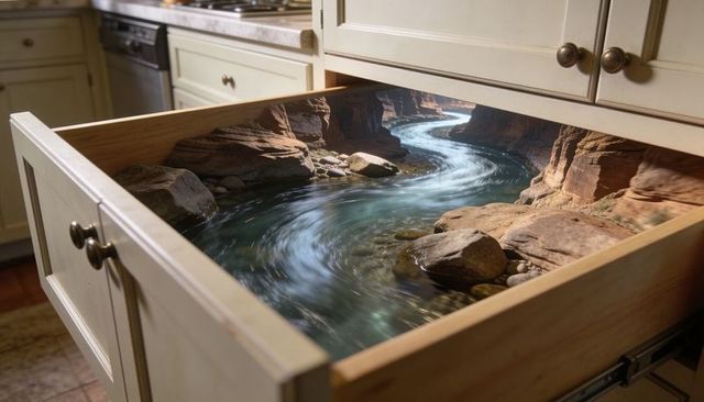Kitchen drawer revealing flowing canyon river and rocky stream for surreal interior concept