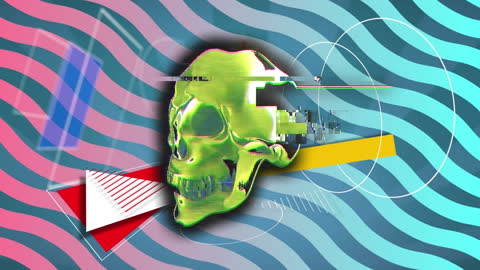 Abstract Glitch Art with Colorful Skull and Geometric Shapes