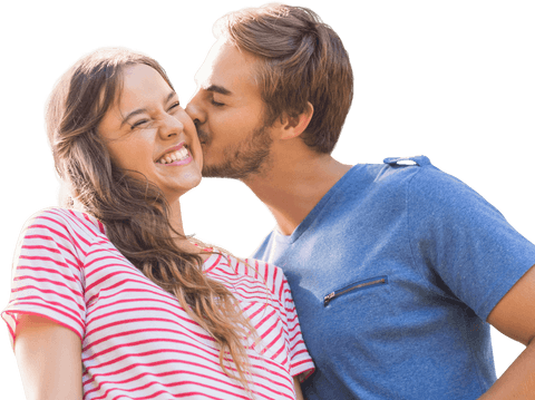 Man Kisses Smiling Woman Cheek Showing Transparent Love and Affection