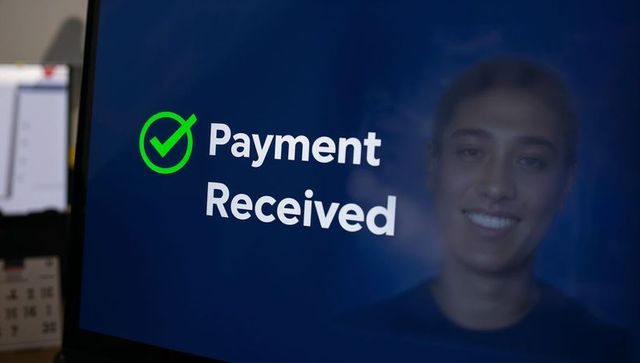 Displaying payment received notification with green check and smiling portrait on monitor