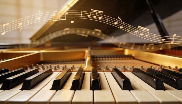 Close-up grand piano keyboard with exposed strings and floating golden music notes overlay
