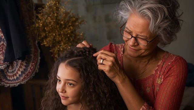 Grandmother styling granddaughter's hair with care at home